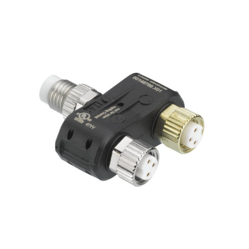 Number of connections: 3 Piece(s); Connection 1: Connector, M8, Axial, Female, A-coded, 3 -pin; Connection 2: Connector, M8, Axial, Female, A-coded, 3 -pin; Connection 3: Connector, M8, Axial, Male,