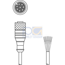 The Connection cable from .  Connection 1: Connector, M12, Axial, Female, A-coded, 8 -pin; Connection 2: Open end; Shielded: Yes; Cable length: 5,000 mm; Sheathing material: PUR