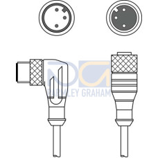 The Interconnection cable from . Connection 1: Connector, M12, Axial, Female, A-coded, 3 -pin; Connection 2: Connector, M12, Angled, Male, A-coded, 3 -pin; Shielded: No; Cable length: 1.500 mm; Shea