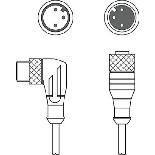 The Interconnection cable from . Connection 1: Connector, M12, Axial, Female, A-coded, 3 -pin; Connection 2: Connector, M12, Angled, Male, A-coded, 3 -pin; Shielded: No; Cable length: 1.500 mm; Shea