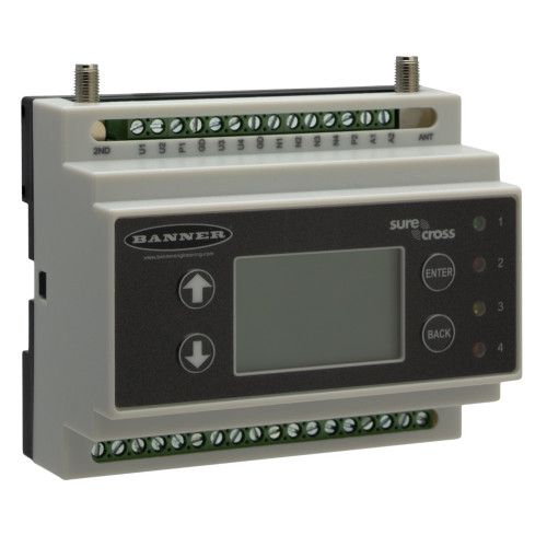 DXM100 Controller, DX80 Performance 2.4 GHz Radio 65 mW, Inputs: 4 Universal, Outputs: 4 NMOS Discrete, 2 Selectable Analog, 2 Switched Power, 1 Courtesy Power