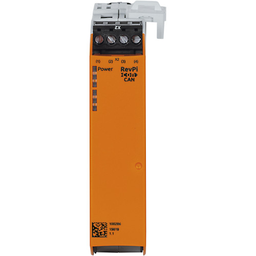 The RevPi Con CAN can be used to equip the RevPi Connect with CAN bus . On the top, the module has a 4-pin connector to