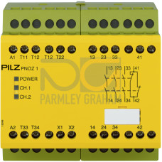 Safety relay (standalone) Inputs: 1-/2-channel wiring without detection of shorts across contacts Outputs: 3 N/O, 1 N/C UB 24 V DC, width: 90 mm, integral screw terminals, Monitoring E-STOP, safety ga