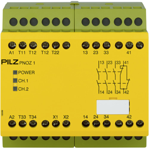 Safety relay (standalone) Inputs: 1-/2-channel wiring without detection of shorts across contacts Outputs: 3 N/O, 1 N/C UB 24 V DC, width: 90 mm, integral screw terminals, Monitoring E-STOP, safety ga