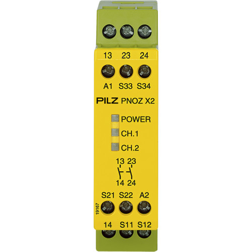 Safety relay (standalone) Inputs: 1- / 2-channel wiring with detection of shorts across contacts Outputs: 2 N/O. Monitored start UB 24 V AC/DC, width: 22.5 mm, integral screw terminals, Monitoring E-S
