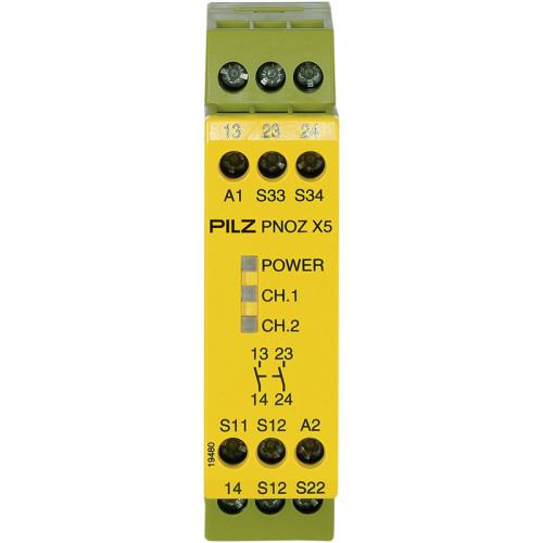 Safety relay (standalone) Inputs: 1-/2-channel wiring without detection of shorts across contacts Outputs: 2 N/O. Automatic/manual start UB 12 V DC, width: 22.5 mm, integral screw terminals, Monitorin