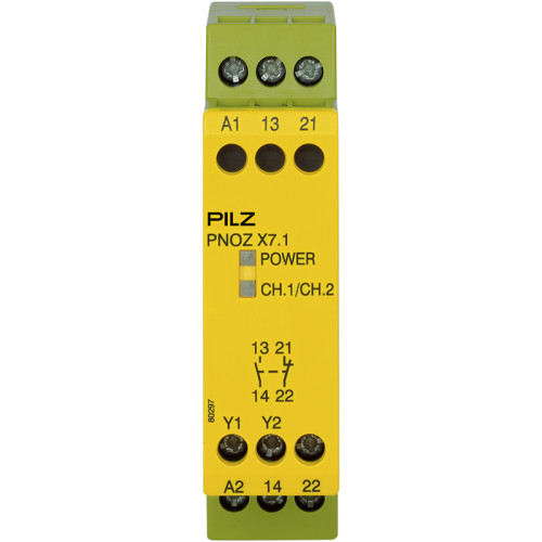 Safety relay (standalone) Inputs: Single-channel wiring Outputs: 1 N/O, 1 N/C. Automatic/manual reset UB 24 V AC/DC, width: 22.5 mm, integral screw terminals, Monitoring E-STOP, safety gates.