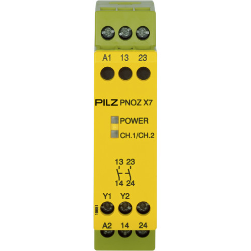 Safety relay (standalone) Inputs: Single-channel wiring Outputs: 2 N/O. Automatic/manual start UB 24 V AC/DC, width: 22.5 mm, integral screw terminals, Monitoring E-STOP, safety gates.