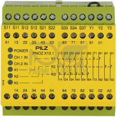 Safety relay (standalone) Inputs: 1-/2-channel wiring with/without detection of shorts across contacts Outputs: 6 N/O, 4 N/C. Automatic/monitored start UB 24 V DC, width: 90 mm, integral screw termina
