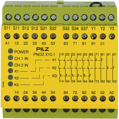 Safety relay (standalone) Inputs: 1-/2-channel wiring with/without detection of shorts across contacts Outputs: 6 N/O, 4 N/C. Automatic/monitored start UB 24 V DC, width: 90 mm, integral screw termina