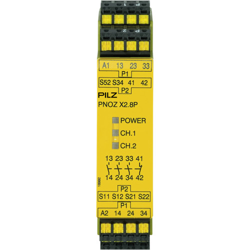 Safety relay (standalone) Inputs: 1-/2-channel wiring with/without detection of shorts across contacts Outputs: 3 N/O, 1 N/C. Automatic/manual reset UB 24 - 240 V AC/DC, width: 22.5 mm, plug-in spring