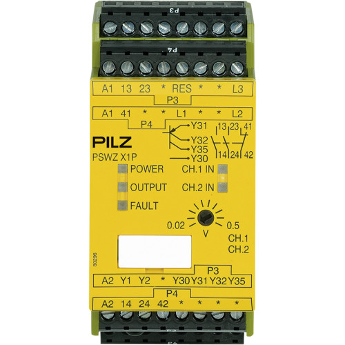 Safety relay (standalone) Inputs: 1-/2-channel wiring Outputs: 2 N/O, 1 N/C, 2 semiconductor. UB 24 - 240 V AC/DC, UM = 0.02 - 0.5 V AC/DC, UMmax = 690 V. Width: 45 mm. Standstill monitor The device m