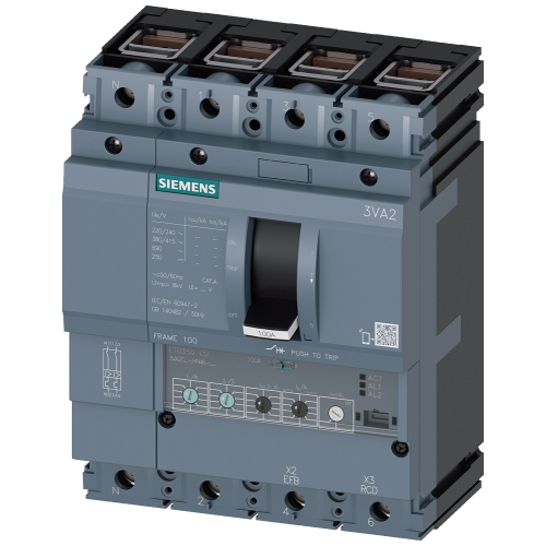 circuit breaker 3VA2 IEC Frame 100 breaking capacity class H Icu=85 kA @ 415 V 4-pole, line protection ETU350, LSI, In=63 A overload protection Ir=...