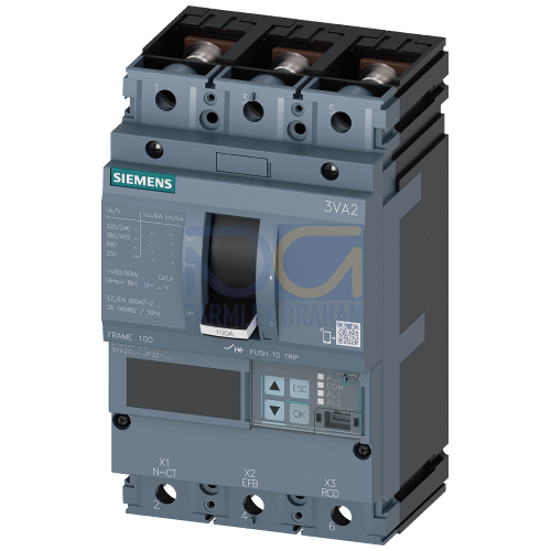 circuit breaker 3VA2 IEC frame 100 breaking capacity class M Icu=55kA @ 415V 3-pole, line protection ETU550, LSI, In=100A overload protection Ir=40A...100A short-circuit protection Isd=0.6..10x In, Ii