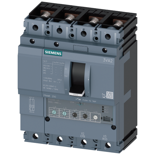 circuit breaker 3VA2 IEC Frame 250 breaking capacity class M Icu=55 kA @ 415 V 4-pole, line protection ETU330, LIG, In=160 A overload protection Ir...