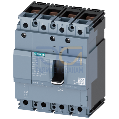circuit breaker 3VA1 IEC frame 160 breaking capacity class N Icu=25kA @ 415V 4-pole, line protection TM210, FTFM, In=100A overload protection Ir=100A fixed short-circuit protection Ii=10 x In N conduc