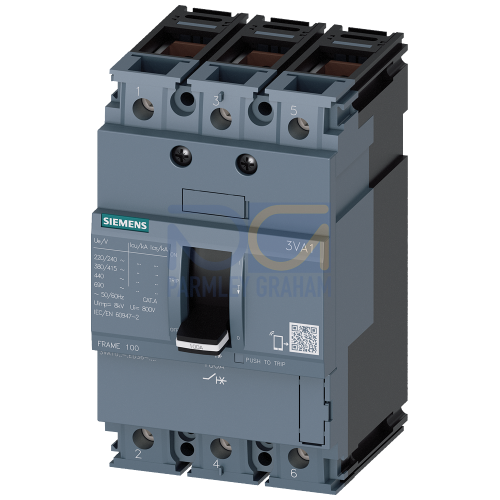 circuit breaker 3VA1 IEC frame 100 breaking capacity class N Icu=25kA @ 415V 3-pole, line protection TM210, FTFM, In=25A overload protection Ir=25A fixed short-circuit protection Ii=12.8 x In clamp co