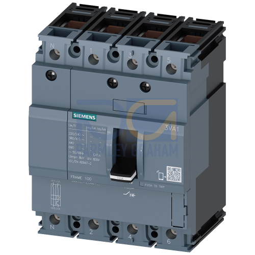 circuit breaker 3VA1 IEC frame 100 breaking capacity class B Icu=16kA @ 415V 4-pole, line protection TM210, FTFM, In=25A overload protection Ir=25A fixed short-circuit protection Ii=12.8 x In N conduc