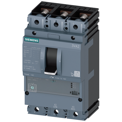 circuit breaker 3VA2 IEC Frame 160 breaking capacity class C Icu=110 kA @ 415 V 3-pole, line protection ETU340, ELISA LI, In=100 A overload protect...