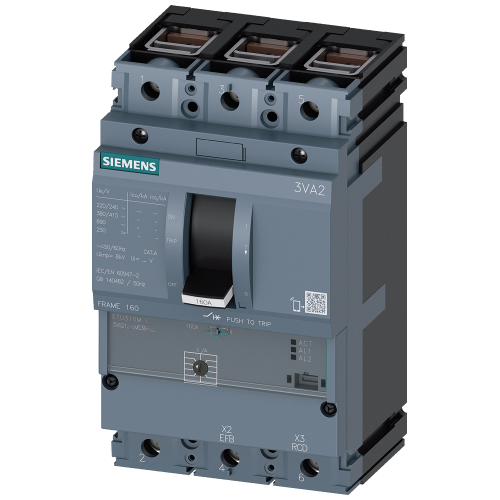 circuit breaker 3VA2 IEC Frame 160 breaking capacity class C Icu=110 kA @ 415 V 3-pole, starter protection ETU310M, I, In=25 A without overload pro...