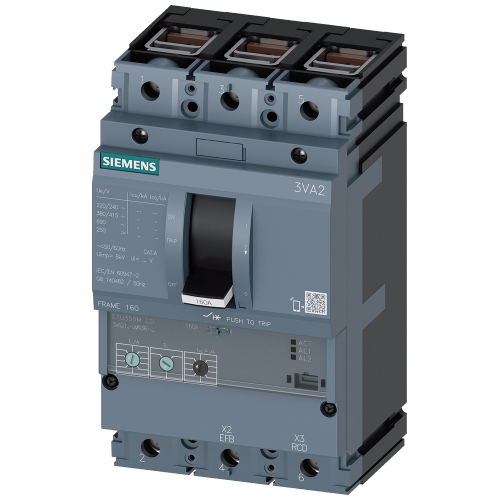 circuit breaker 3VA2 IEC frame 160 breaking capacity class M Icu=55kA @ 415V 3-pole, motor protectio
