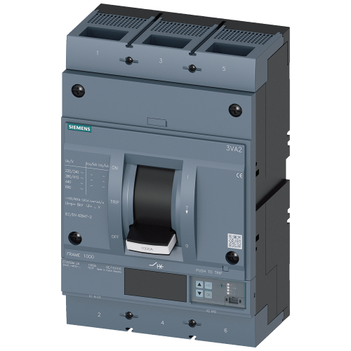 circuit breaker 3VA2 IEC Frame 1000 breaking capacity class M Icu=55 kA @ 415 V 3-pole, motor protection ETU550M,  LSI, In=630 A overload protectio...