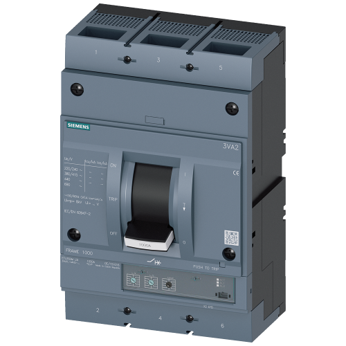 circuit breaker 3VA2 IEC Frame 1000 breaking capacity class M Icu=55 kA @ 415 V 3-pole, motor protection ETU350M, LSI, In=800 A overload protection...