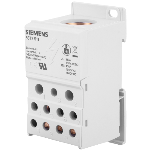 Distribution block 1-pole, 400 A, 690V Input: 1x 95-185 mm2 Output: 2x2.5-25+5x 2.5-16+4x 2.5-10 mm2