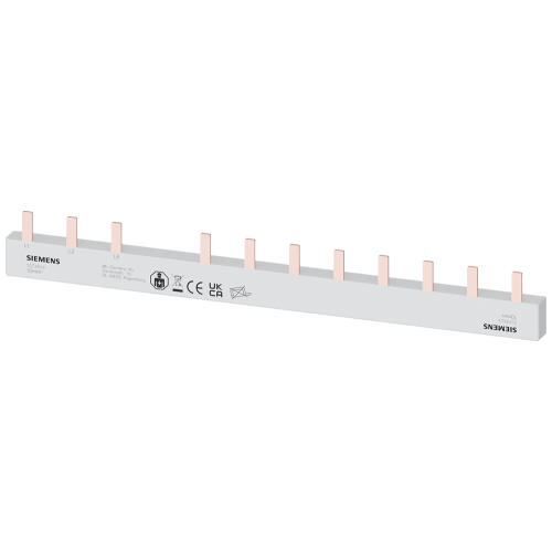 Pin busbar, 10 mm2 connection: 3-phase/N+8x phase touch-safe for 1F, 4-pole + 8 CB, 1-pole