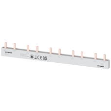 Pin busbar touch-safe, 10 mm2 2-phase+AUX, 214 mm long can be cut with end caps