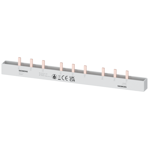 Pin busbar touch-safe, 10 mm2 3-phase+AUX, 214 mm long can be cut, with end caps