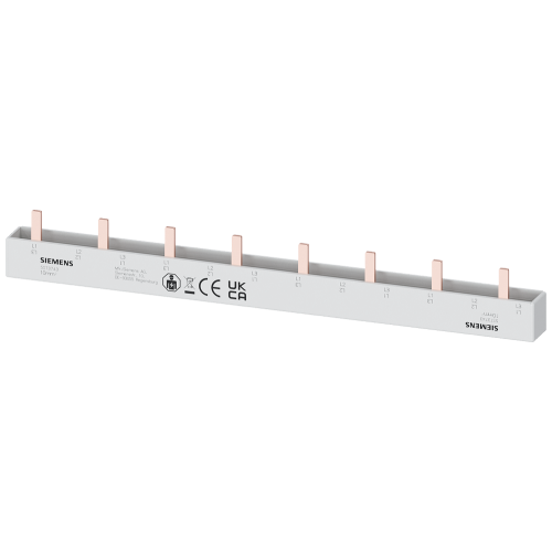 Pin busbar touch-safe, 10 mm2 3x 1-phase+AUX, 214 mm long can be cut, with end caps