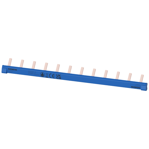 Pin busbar, 1-phase 10 mm2, 12 pins, Insulation blue can be cut, with end caps