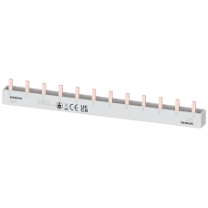 Pin busbar touch-safe, 10 mm2 3-phase, 214 mm long can be cut, with end caps