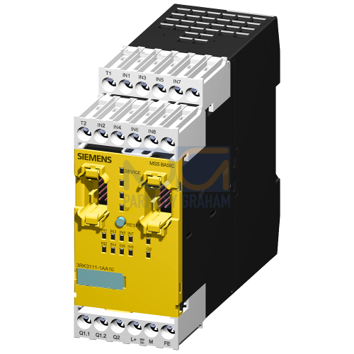 3RK3 Basic Central module with safety-orientated inputs and outputs, 8 inputs, 1 two-channel relay output, 1 two-channel solid-state output, Max. 7 expansion modules can be connected