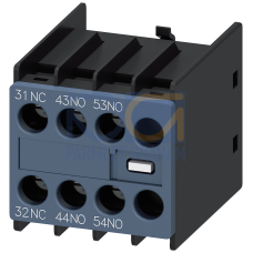 Auxiliary switch on the front, 2 NO + 1 NC Current path 1 NC, 1 NO, 1 NO for 3RH and 3RT screw terminal 31/32, 43/44, 53/54 Special inscription