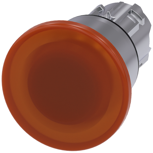 Illuminated mushroom pushbutton, 22 mm, round, metal, shiny, amber, 40 mm, latching, pull-to-unlatch mechanism, with laser labeling, upper case