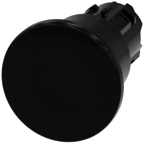 Mushroom pushbutton, 22 mm, round, plastic, black, 40mm, latching, pull-to-unlatch mechanism, with laser labeling, upper case
