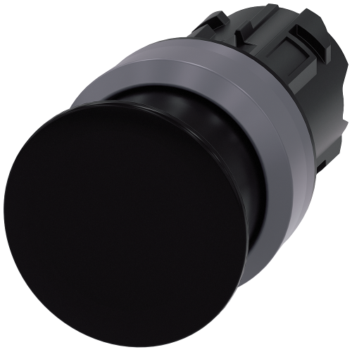 Mushroom pushbutton, 22 mm, round, plastic with metal front ring, black, 30 mm, momentary contact ty