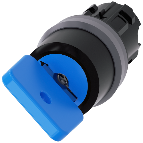 Key-operated switch O.M.R, 22 mm, round, plastic with metal front ring, lock number 73038, blue, with 2 keys, 2 switch positions O-I, latching, actuating angle 90&deg;, 10:30h/13:30h, Key removal O+I
