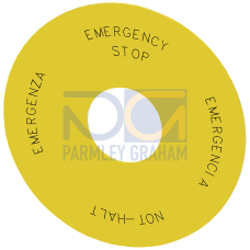 Backing plate round, for emergency stop mushroom pushbutton, yellow, labeling: Not-Halt