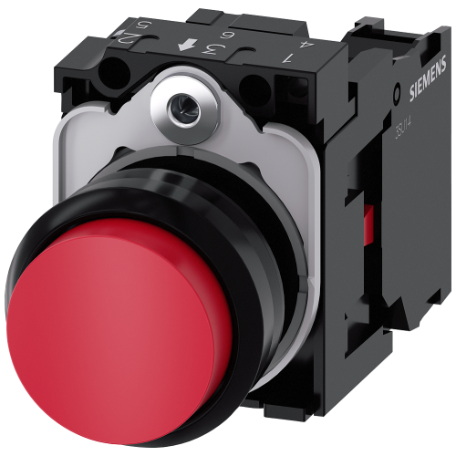 Pushbutton, 22 mm, round, plastic, red, pushbutton, raised, momentary contact type, with holder 1 NC