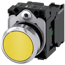 Pushbutton, 22 mm, round, metal, shiny, yellow, pushbutton, flat, momentary contact type, with holde
