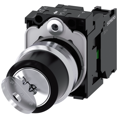 RONIS key-operated switches, 22 mm, round, metal, shiny, lock number SB30, with 2 keys, 2 switch positions O-I, latching, 90&deg; operating angle, 10:3...