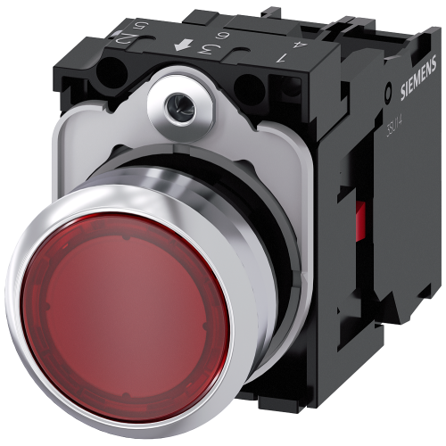 Illuminated pushbutton, 22 mm, round, metal, shiny, red, pushbutton, flat, momentary contact type, with holder, 1NC, LED module with integrated LED...