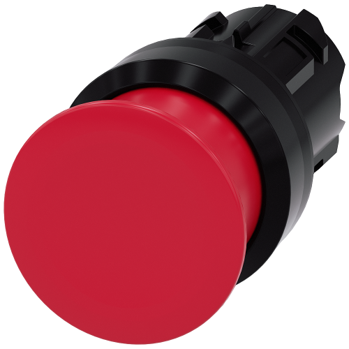 Mushroom pushbutton, 22 mm, round, plastic, red, 30 mm, momentary contact type, with laser labeling, inscription or symbol Customer-specific select...