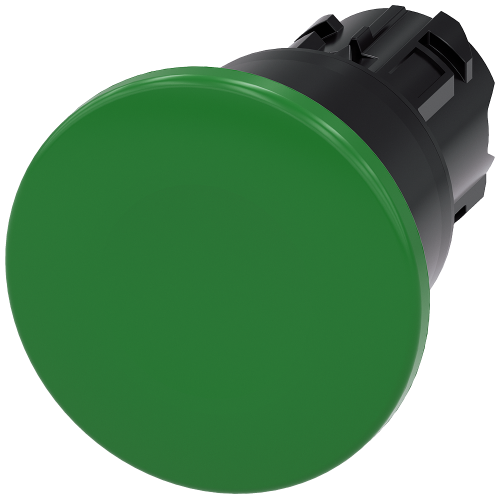Mushroom pushbutton, 22 mm, round, plastic, green, 40 mm, latching, Pull-to-unlatch mechanism