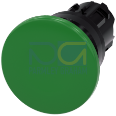 Mushroom pushbutton, 22 mm, round, plastic, green, 40mm, momentary contact type, with laser labeling, lower case