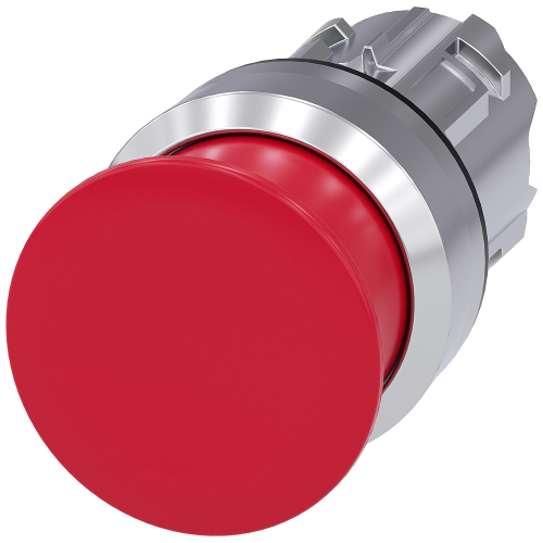 Mushroom pushbutton, 22 mm, round, metal, shiny, red, 30 mm, momentary contact type, with laser labeling, symbol number according to, ISO 7000 or I...