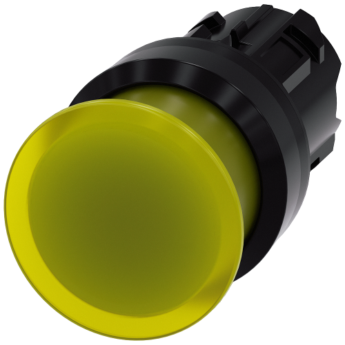 Illuminated mushroom pushbutton, 22 mm, round, plastic, yellow, 30 mm, momentary contact type